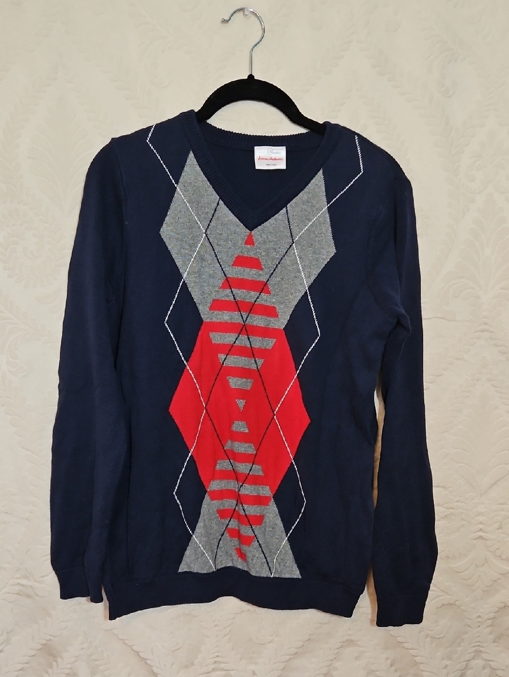 Hanna Andersson Navy Sweater with Red and Gray Argyle
